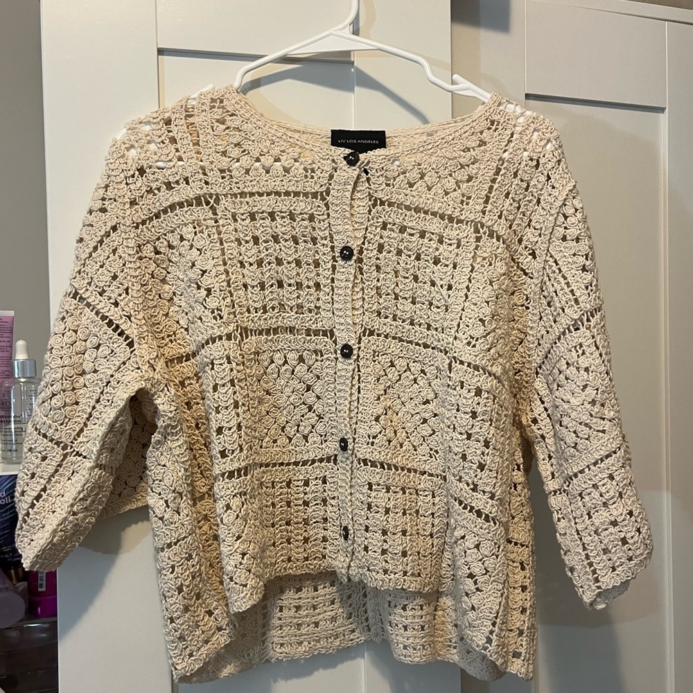 Beige Crochet Button-Up Sweater